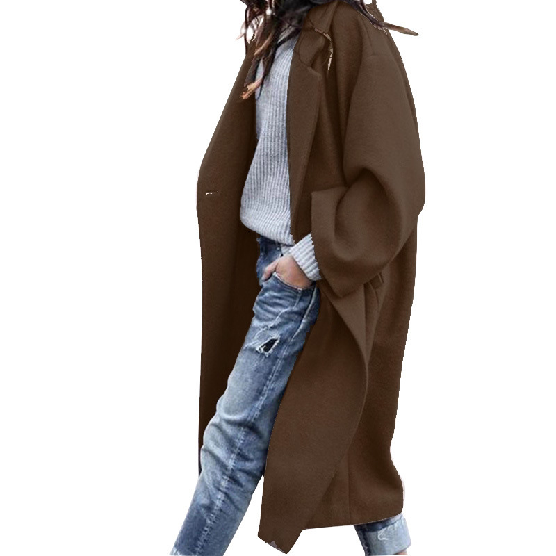 Women’s Long Lapel Coat with Pockets and Single-Breasted Front