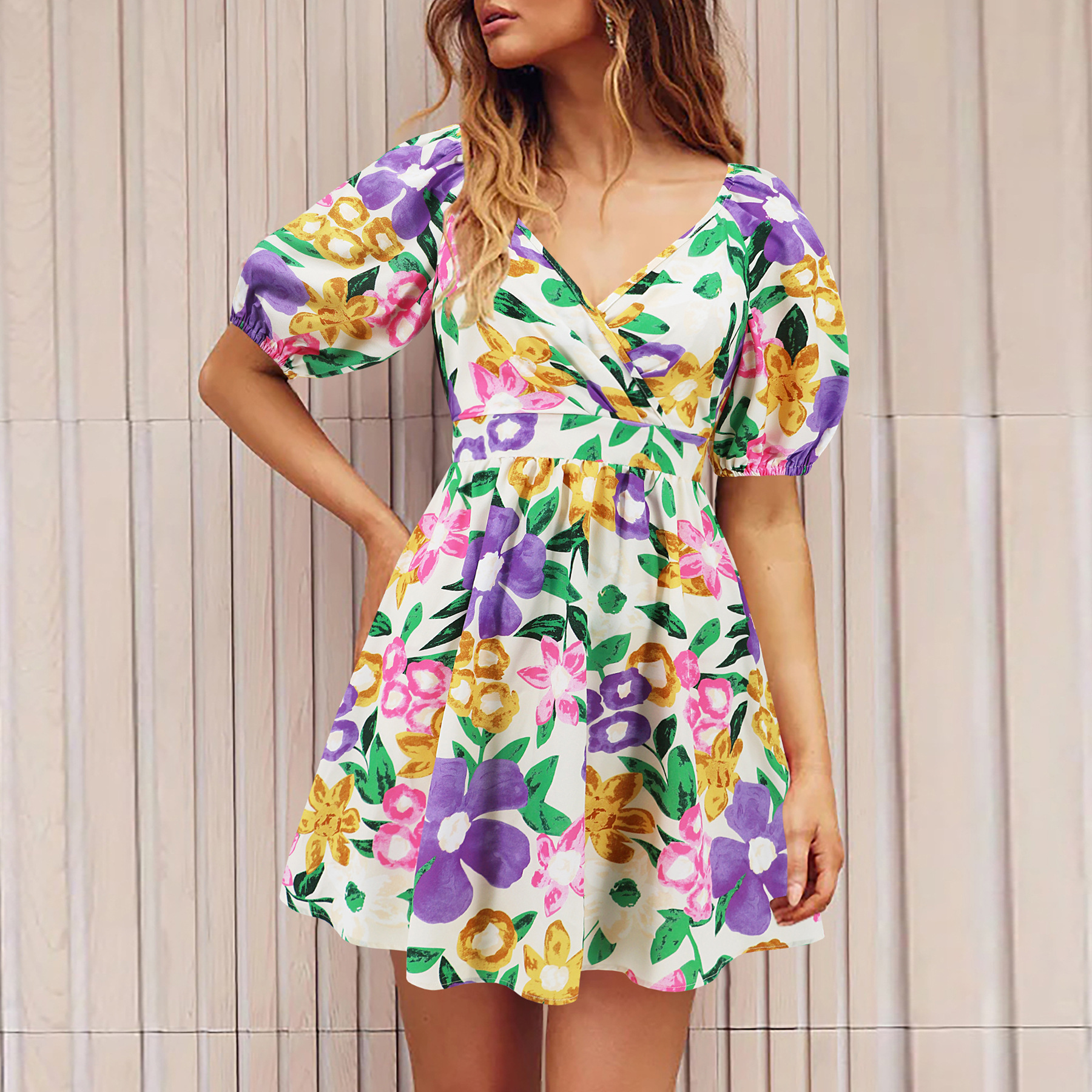 Women's Floral V-Neck Puff Sleeve Elastic Waist Mini Dress