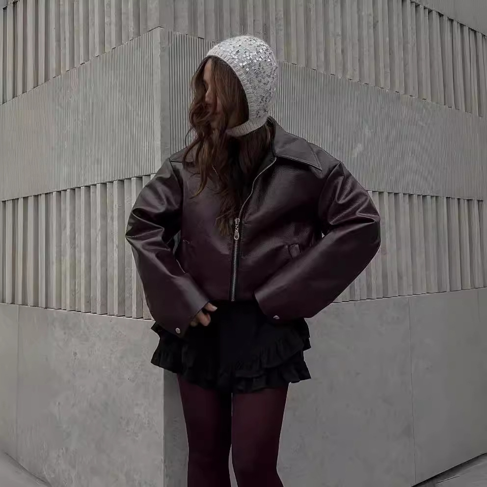 Women's Faux Leather Lapel Zip-Front Jacket