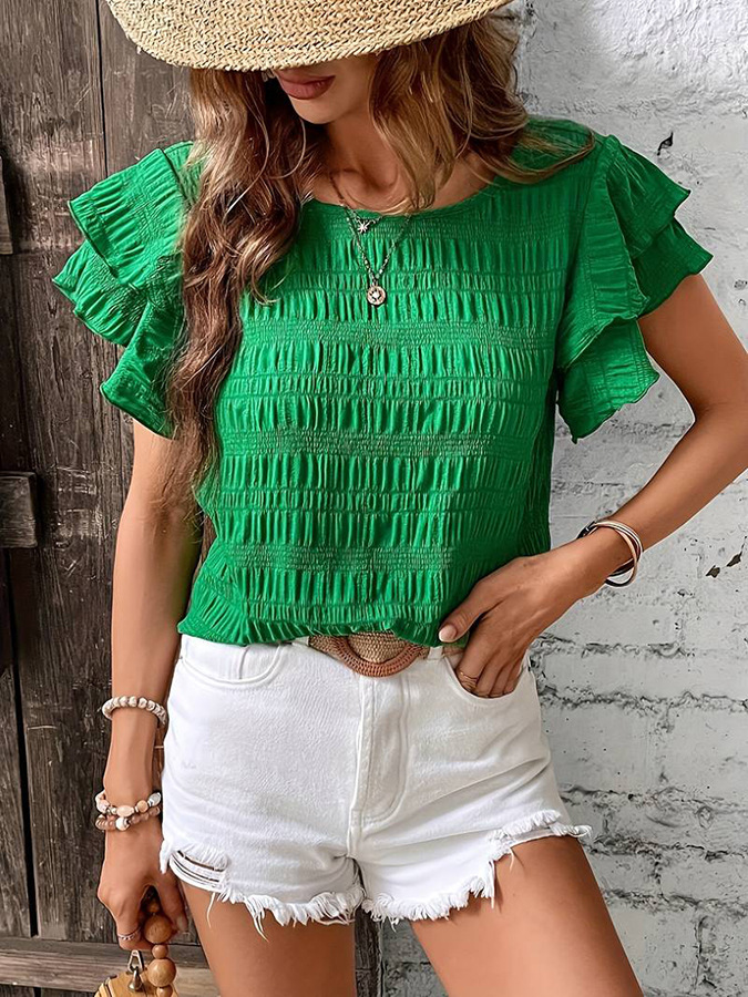 Summer Ruffled Short-sleeved T-shirt Casual Round Neck Pleated Design Top For Women Clothi