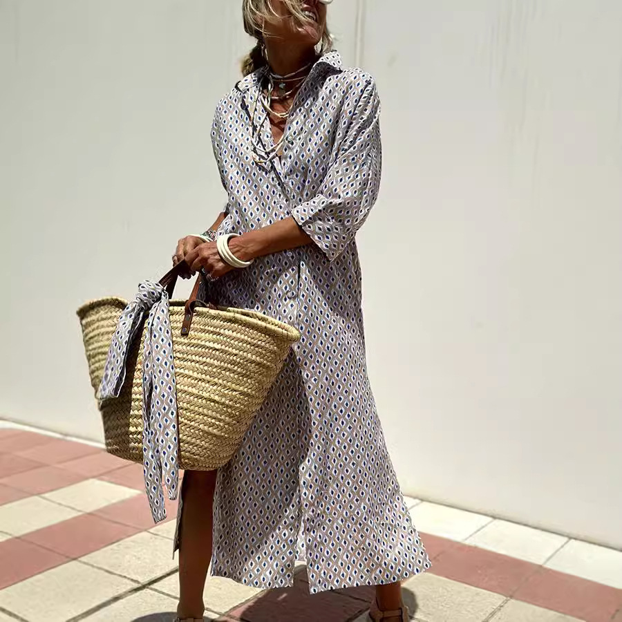 Women's Patterned Shirt Dress with Belt and Button Front