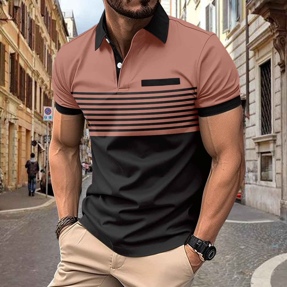 Men’s Striped Contrast Panel Polo Shirt with Short Sleeves
