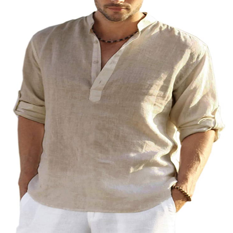Men’s Stand Collar Roll-Sleeve Henley Shirt