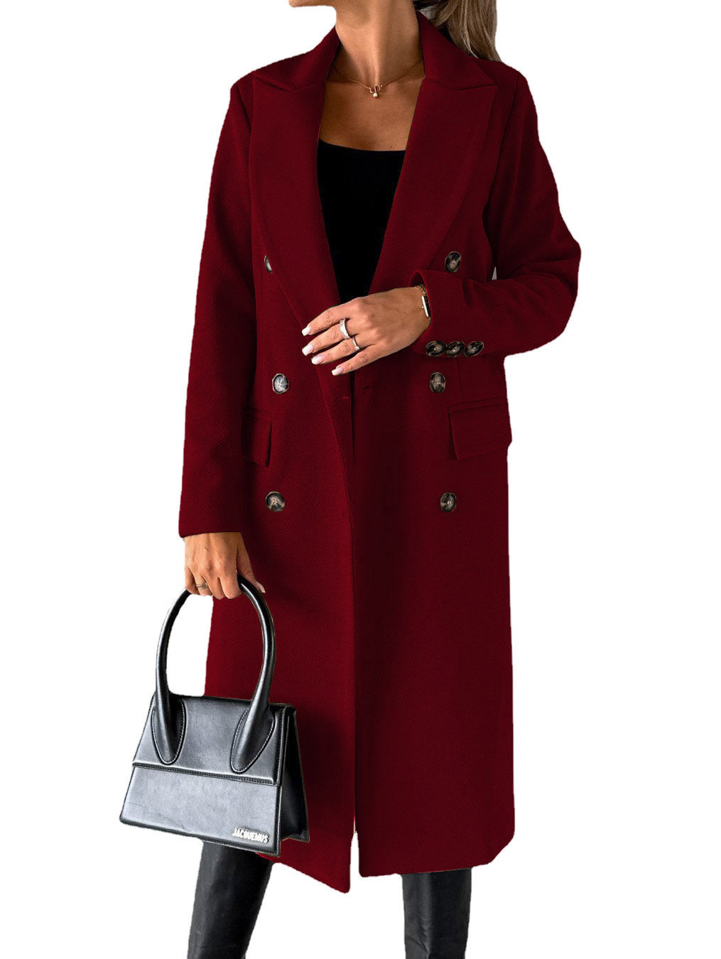 Women's Long Double-Breasted Lapel Coat with Flap Pockets