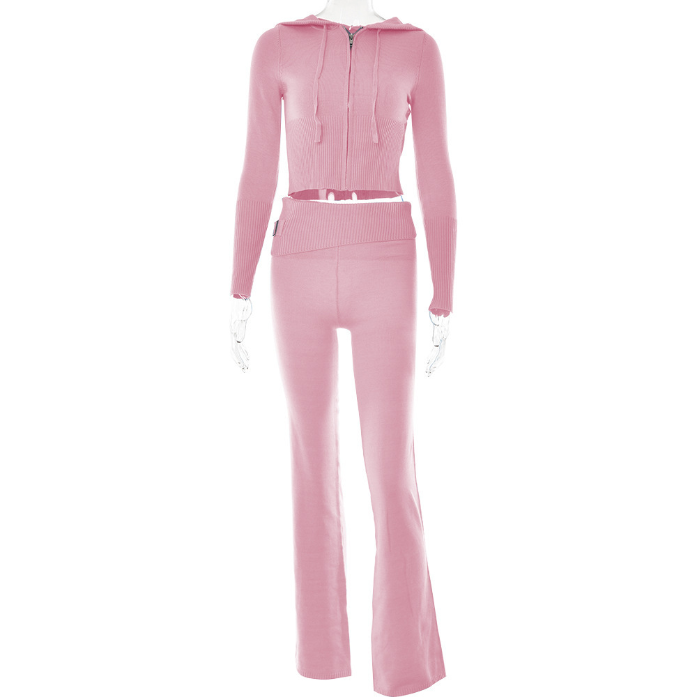 Women's Ribbed Cropped Zip Hoodie and Trousers Co-ord Set