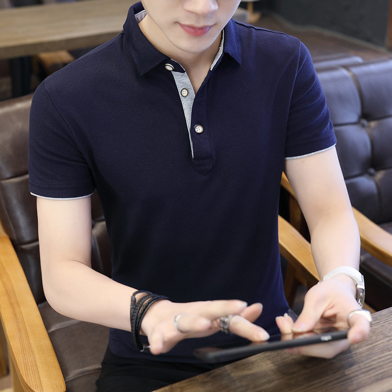 Polo Shirt For Men Casual Short Sleeve Polo Shirts Patchwork Turn-down Collar Zipper T-shi