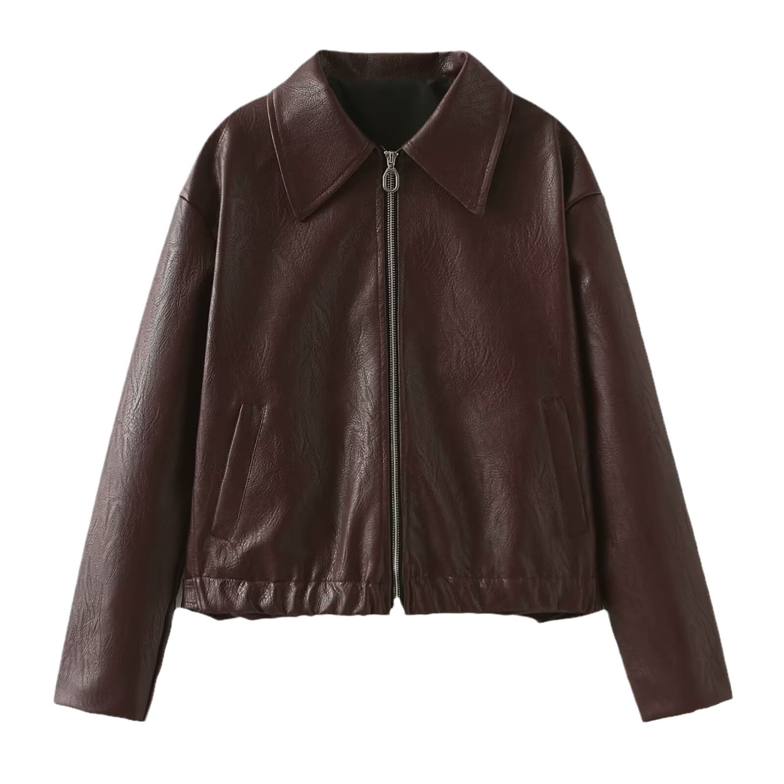 Women's Faux Leather Lapel Zip-Front Jacket