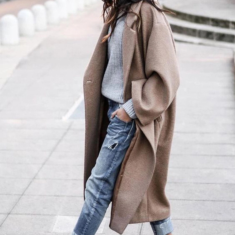 Women’s Long Lapel Coat with Pockets and Single-Breasted Front