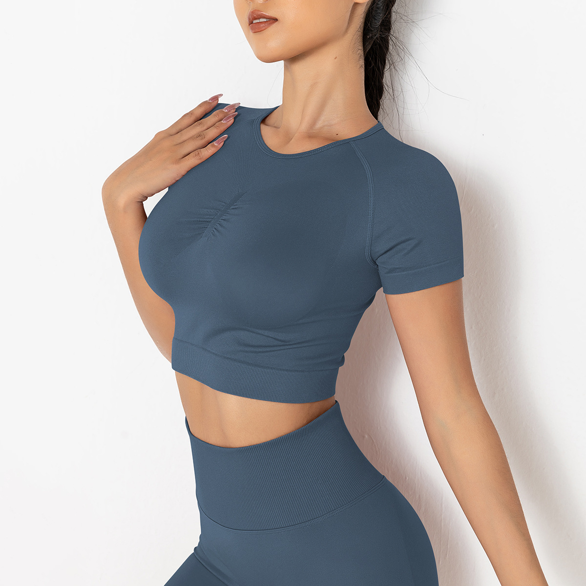 Seamless Knitted Solid Color Chest T-shirt Sports Running Fitness Yoga Wear Short-sleeved