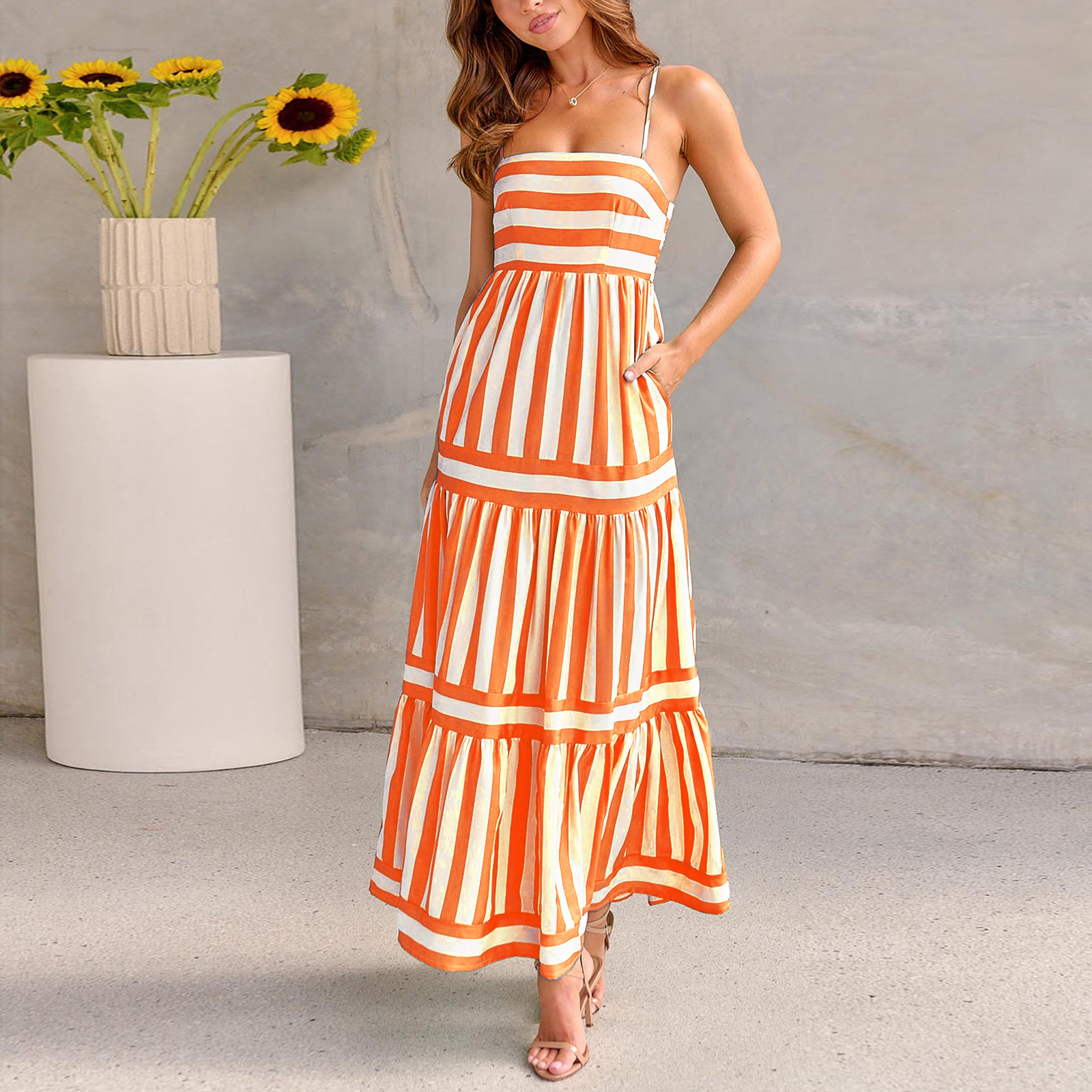 Women's Striped Tiered Maxi Dress with Square Neck and Pockets