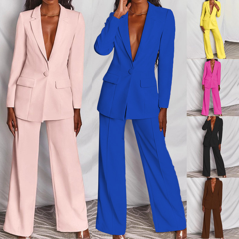 Women’s Tailored Two-Piece Suit Set with Lapels and Wide-Leg Trousers