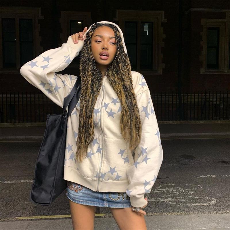 Stars Printed Zipper Hooded Cardigan Couple Fashion Outerwear Hoodies Sweatshirt Street Me