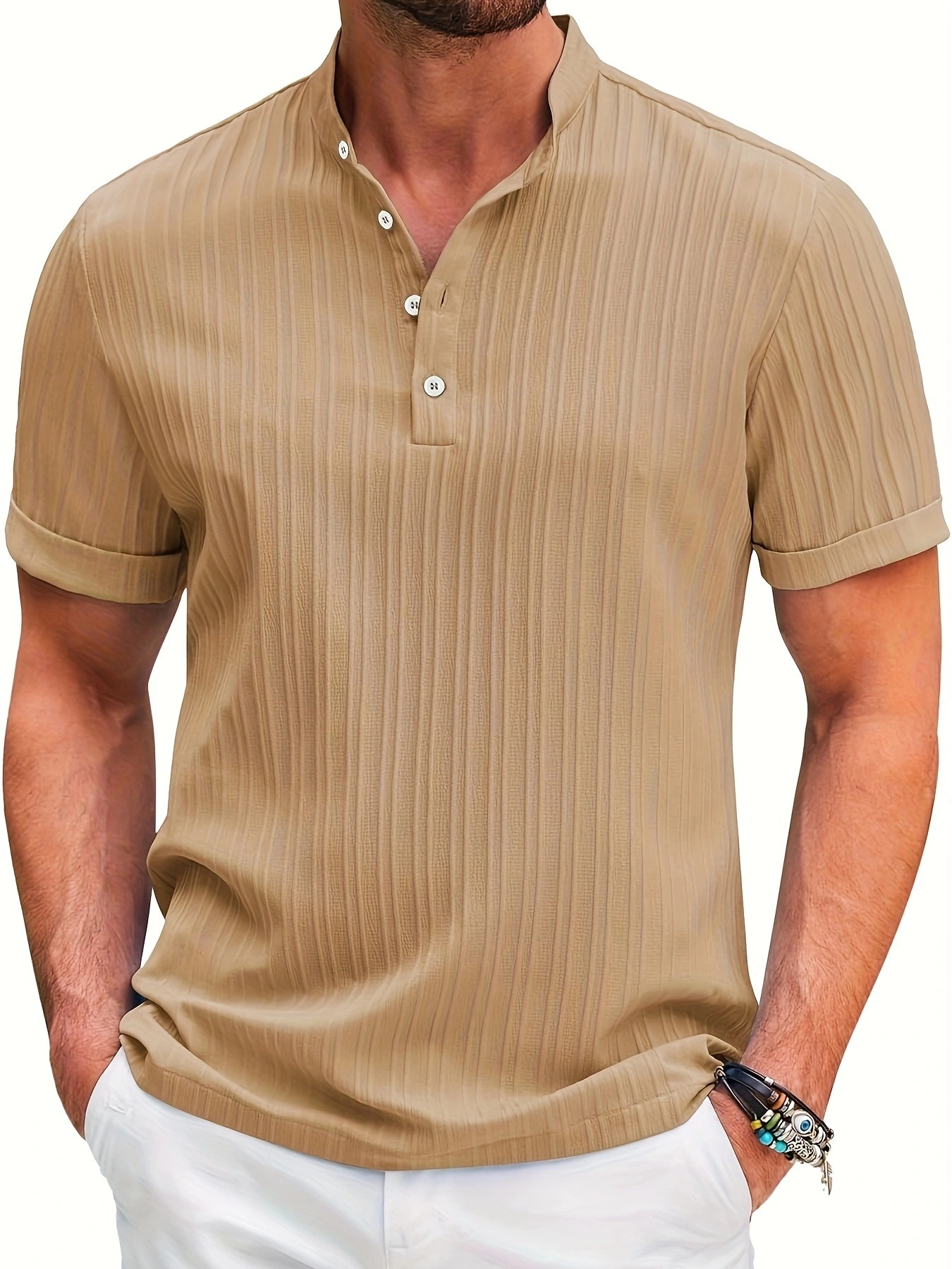 Summer Stand Collar Buttons Short Sleeve T-shirt Solid Color Stripe Polo Shirt Fashion Cas