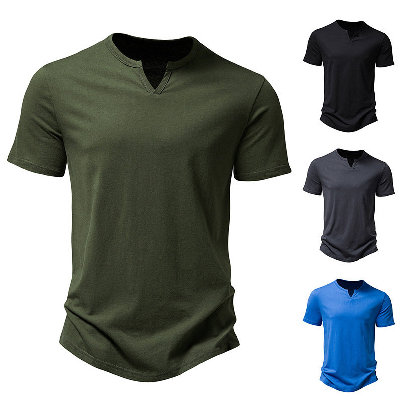 Men's Cotton Notched Collar Short-Sleeved Curved Hem T-Shirt
