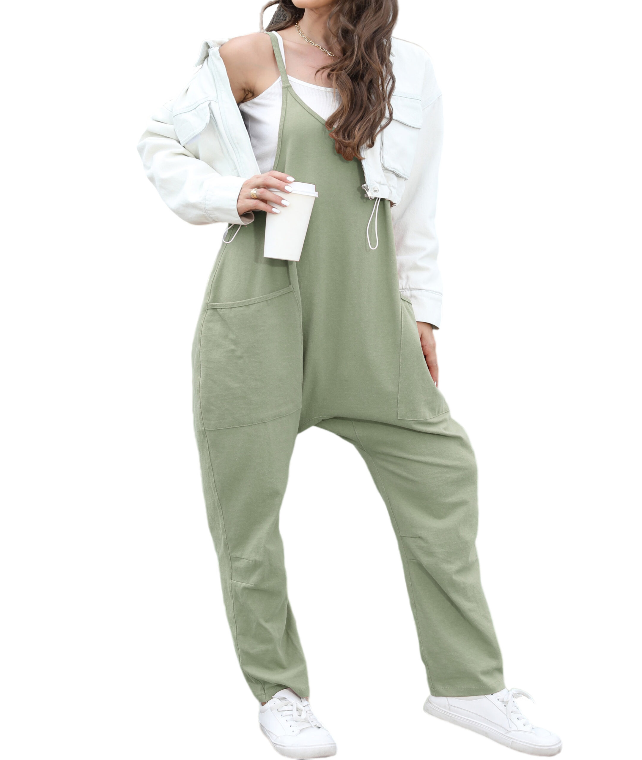 Women’s Sleeveless V-Neck Loose Jumpsuit With Patch Pockets