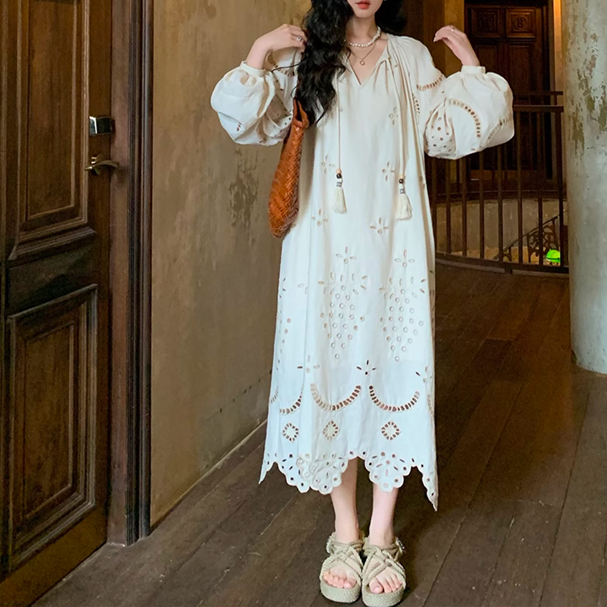 Women’s White Eyelet Embroidered V-Neck Maxi Dress