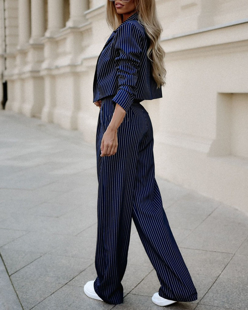 Women's Striped Cropped Blazer and Straight-Leg Trousers Set