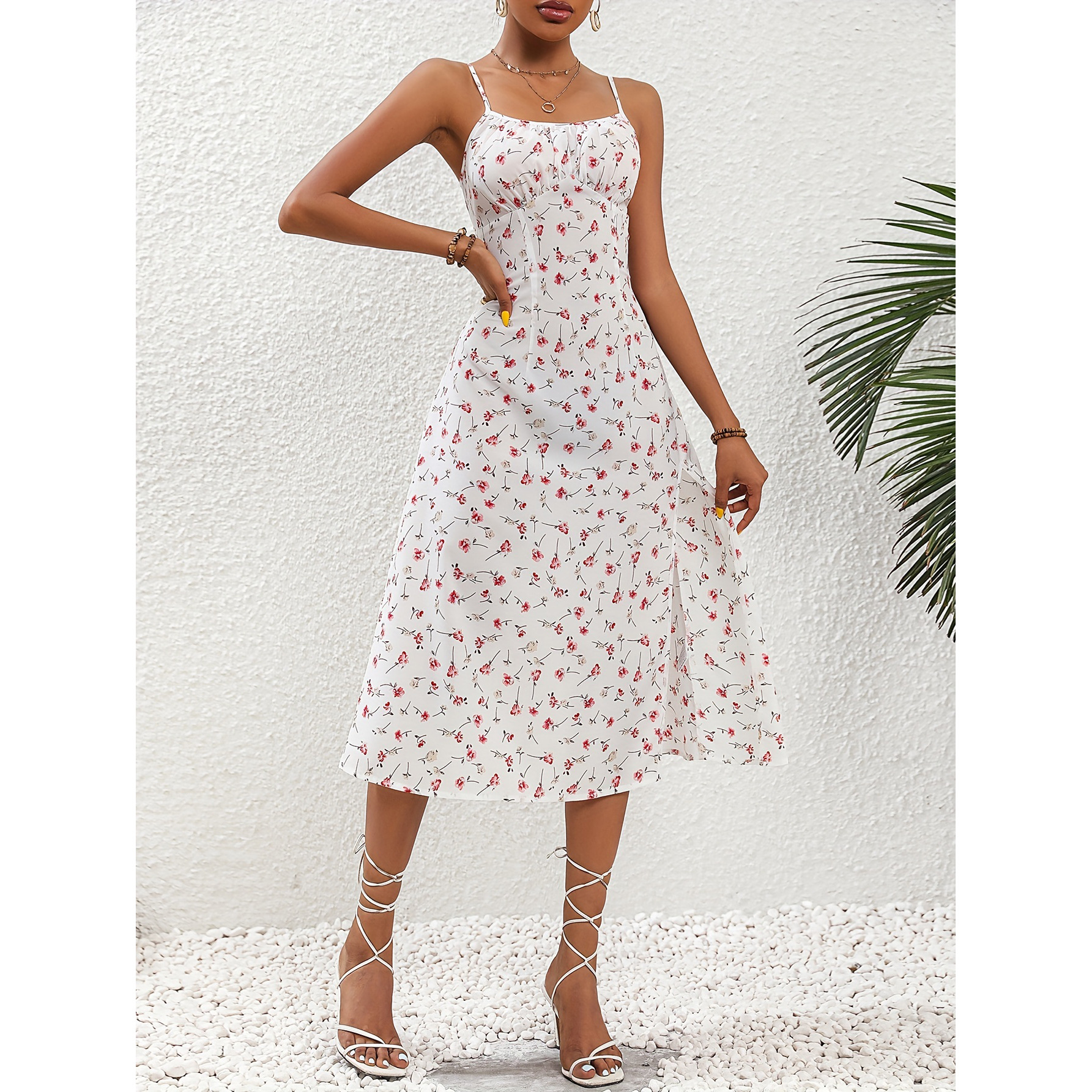 Women's Polka Dot Spaghetti Strap Side-Split Midi Dress