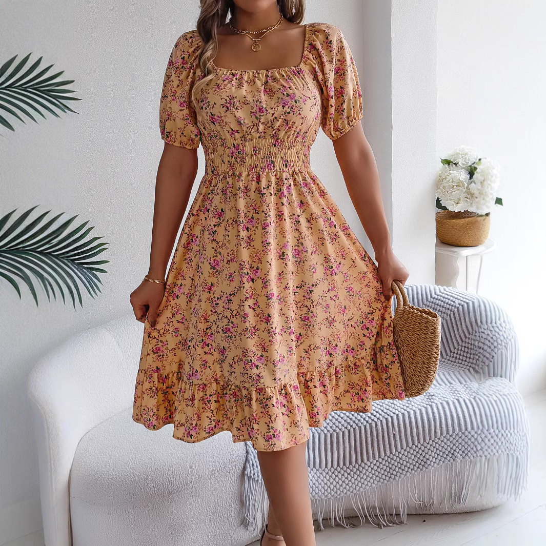 Women's Floral Print Square Neck Smocked Waist Midi Dress