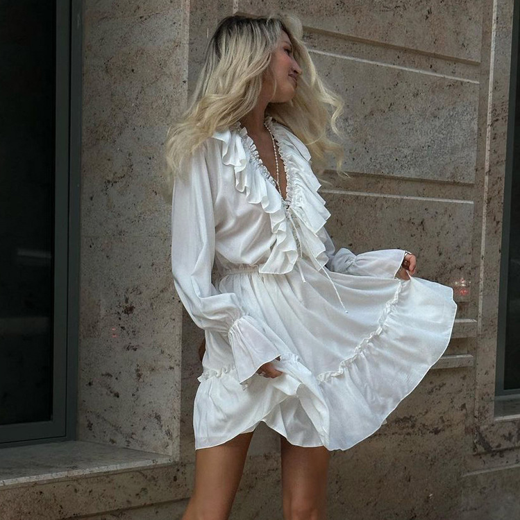 Women's V-Neck Ruffle Tiered Mini Dress with Flared Sleeves