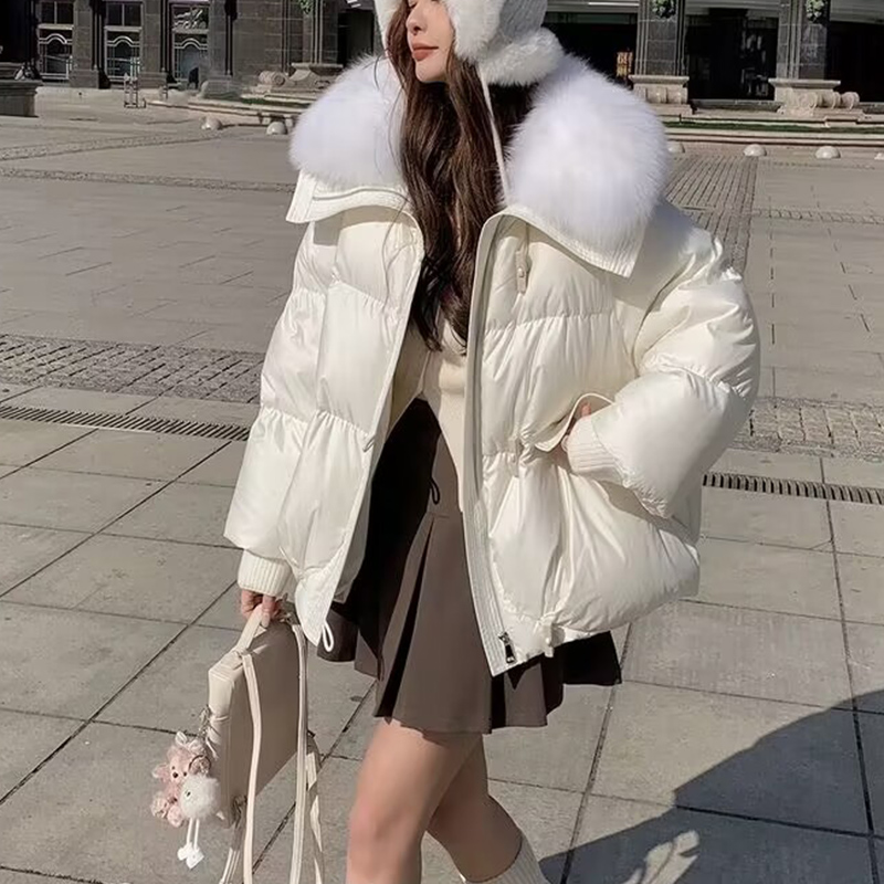 Women's Quilted Padded Jacket with Plush Fur Collar
