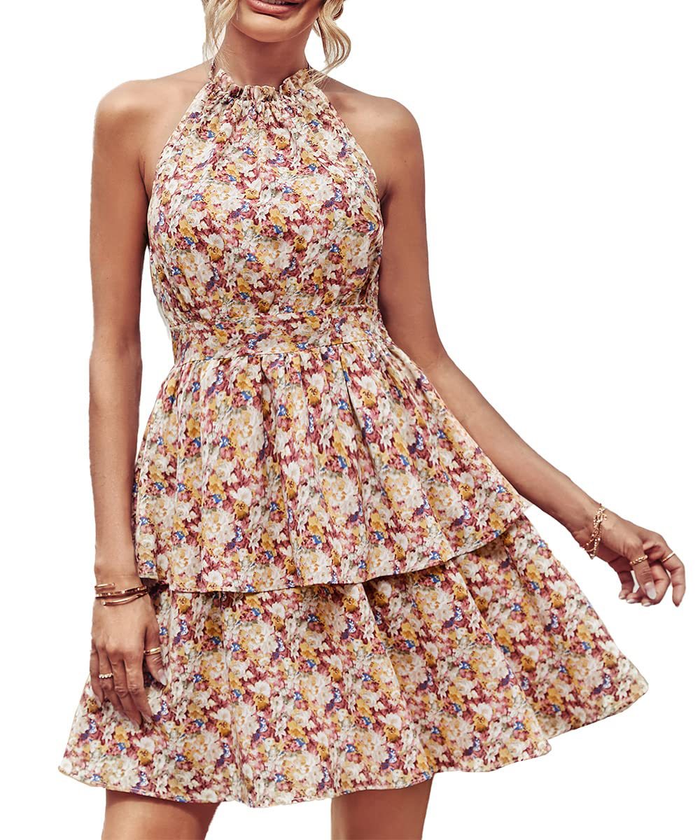 Women's Floral Halter Tiered Mini Dress