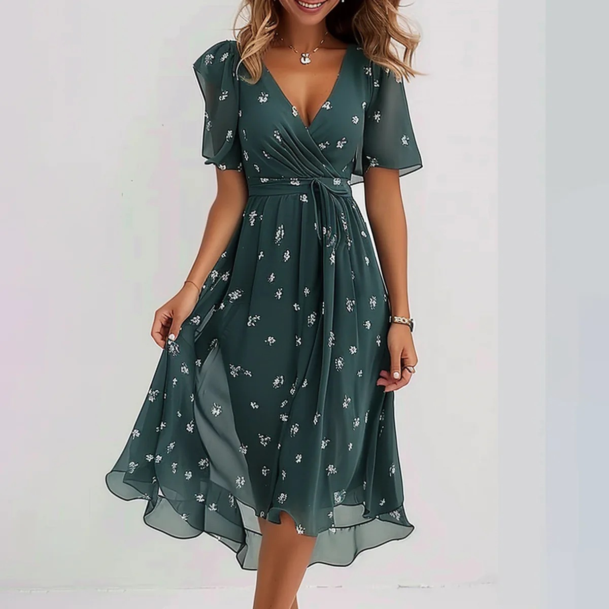 Women's V-Neck Wrap Front Short Sleeve Midi Dress