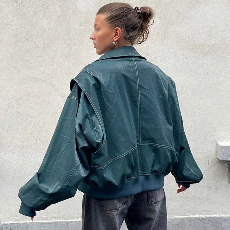 Women’s Lapel Zip Front Jacket with Contrast Stitching