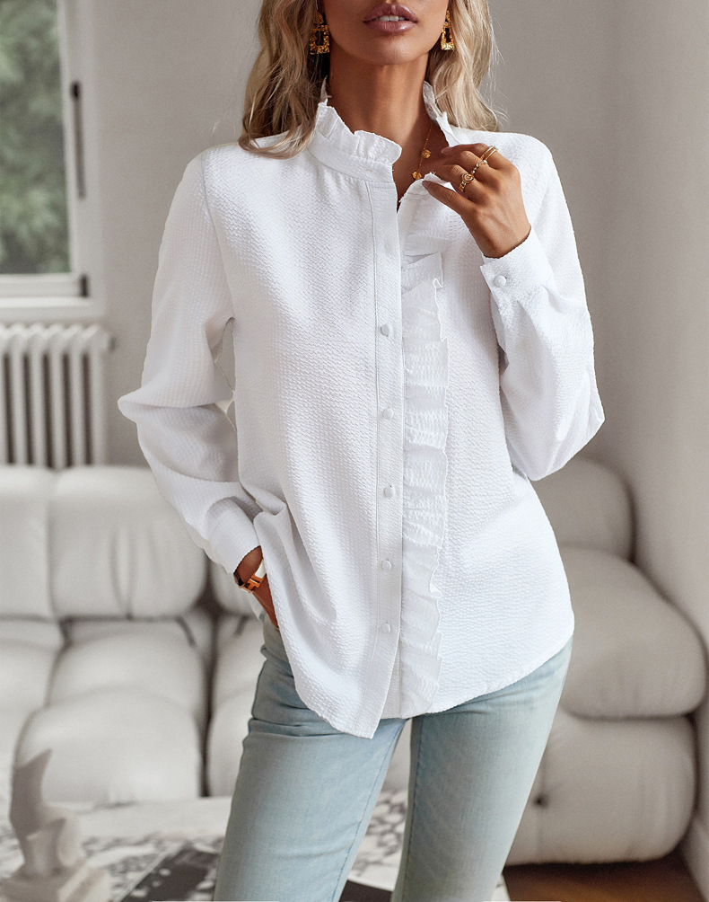 Striped Long Sleeve Shirt Fashion Ruffle Design Button Up Tops Casual Office Blouse Elegan