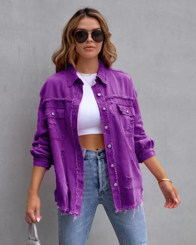Women's Oversized Distressed Frayed Hem Shirt Jacket