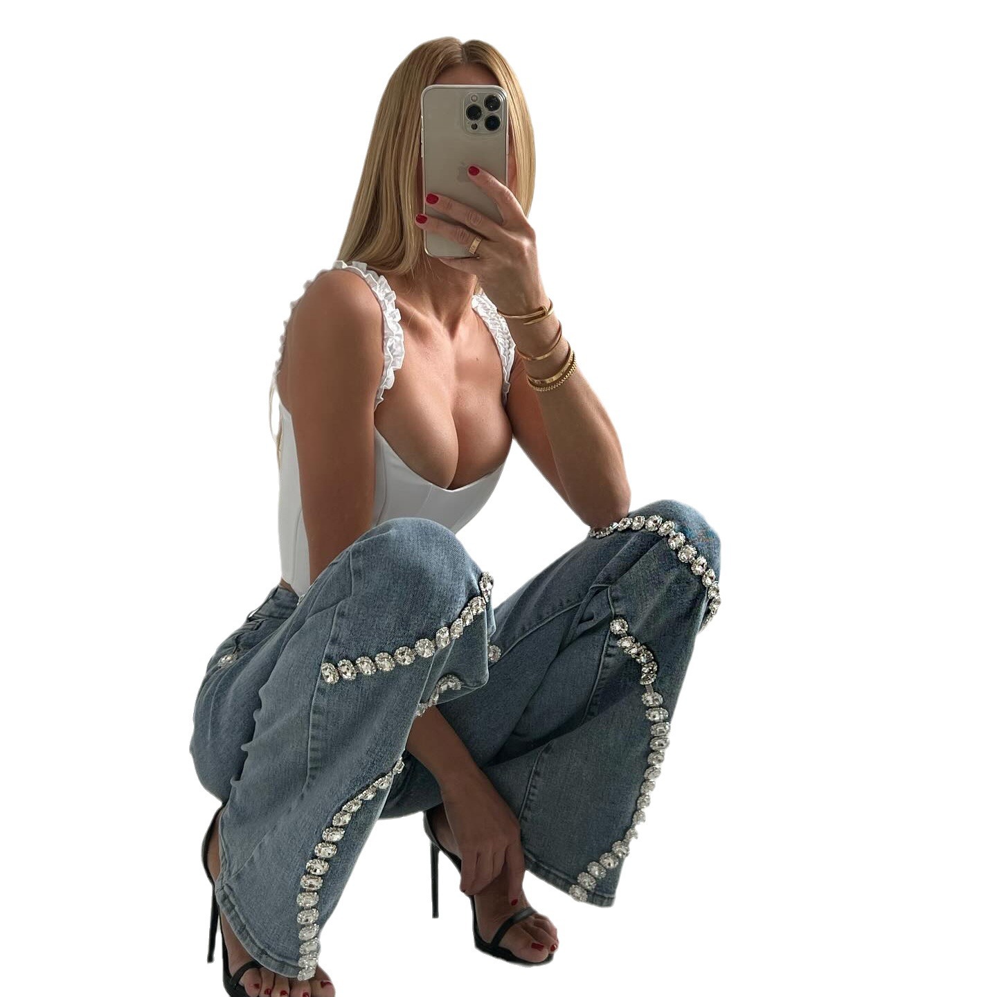 Women’s Blue Straight-Leg Jeans with Rhinestone Trim