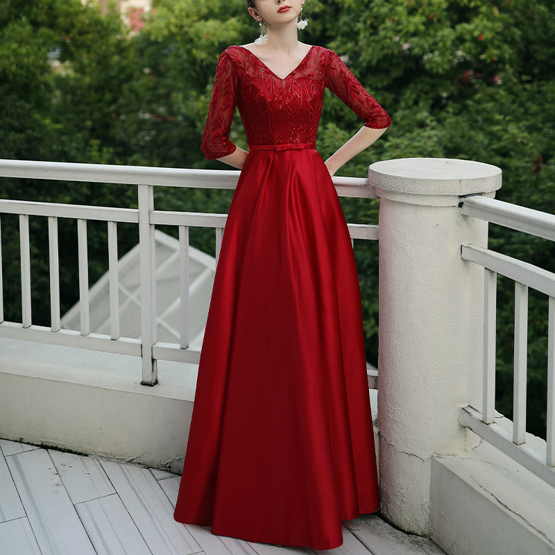 Women’s Lace Bodice V-Neck Belted Full-Length Evening Dress