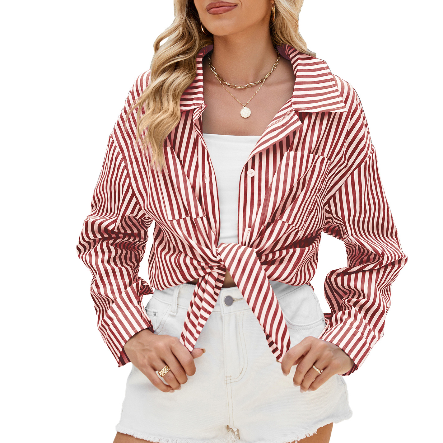 Women's Striped Long Sleeve Shirt With Tie Front