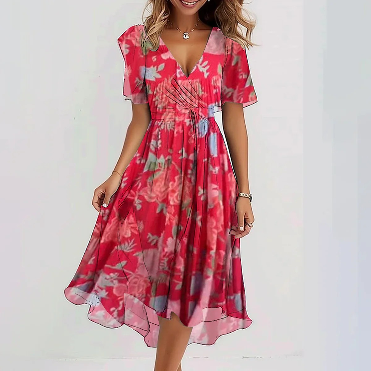 Women's V-Neck Wrap Front Short Sleeve Midi Dress