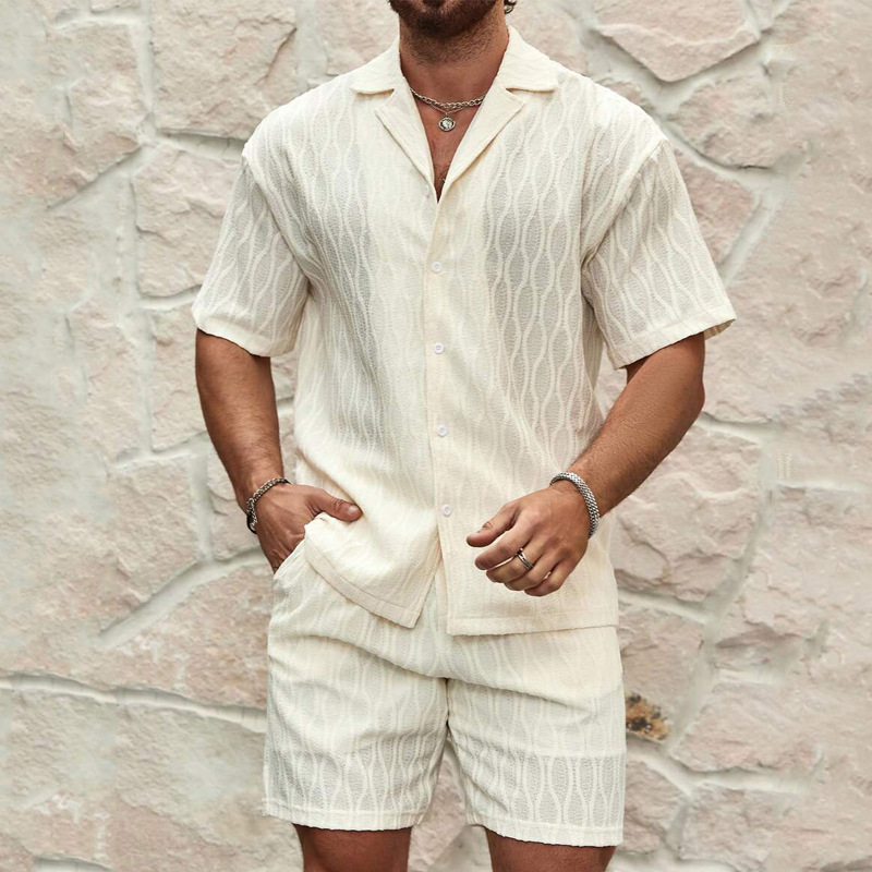 Men Tracksuits Summer Fashion Solid Loose Casual Two Pieces Lapel Button Shirt Shorts Beac