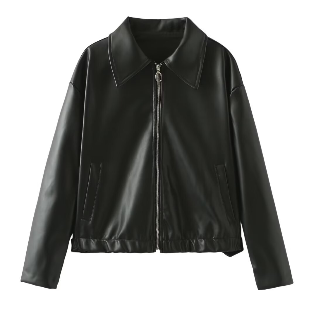 Women's Faux Leather Lapel Zip-Front Jacket