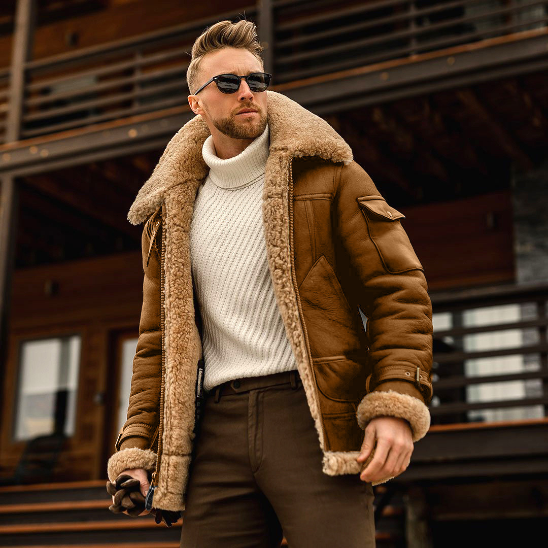 Men’s Shearling-Trim Zip Jacket with Multiple Pockets