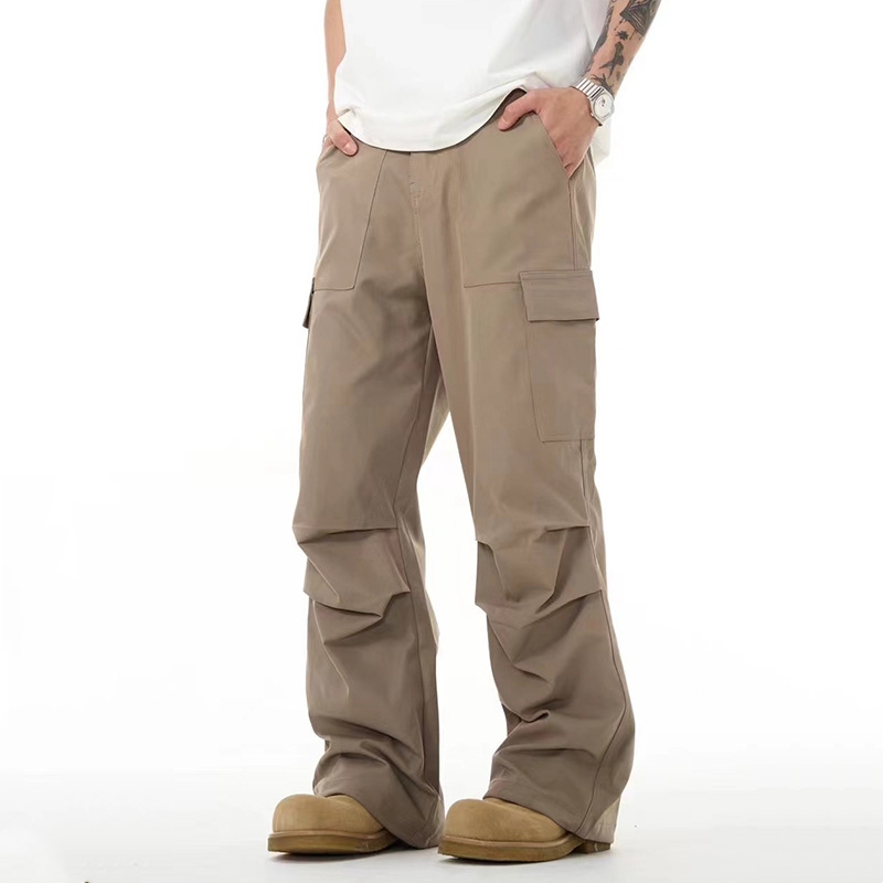 Men’s Khaki Straight-Leg Cargo Trousers with Utility Pockets