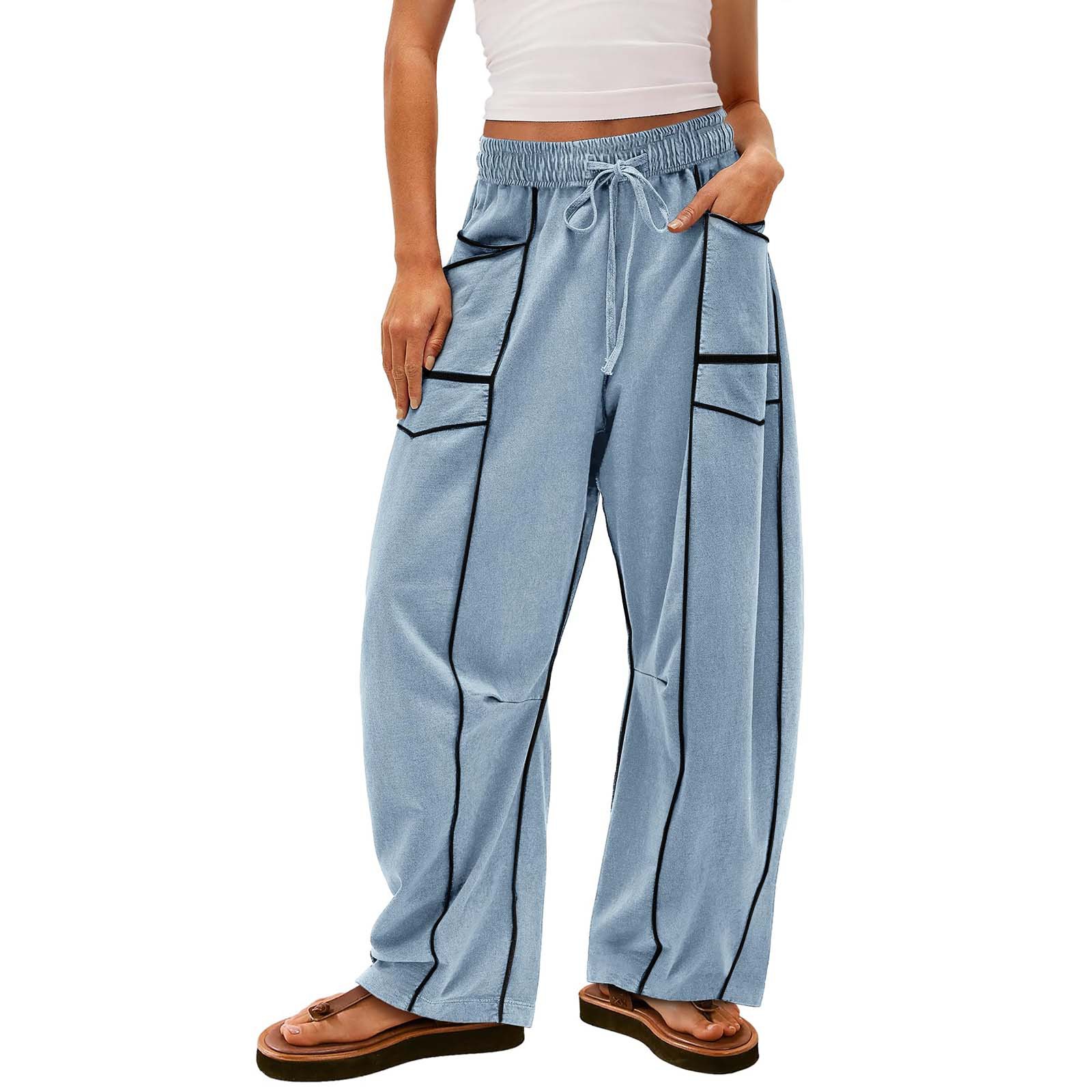 Women's Wide-Leg Cargo Trousers with Contrast Piping and Drawstring Waist