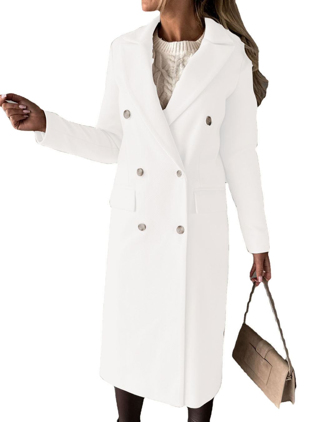 Women's Long Double-Breasted Lapel Coat with Flap Pockets