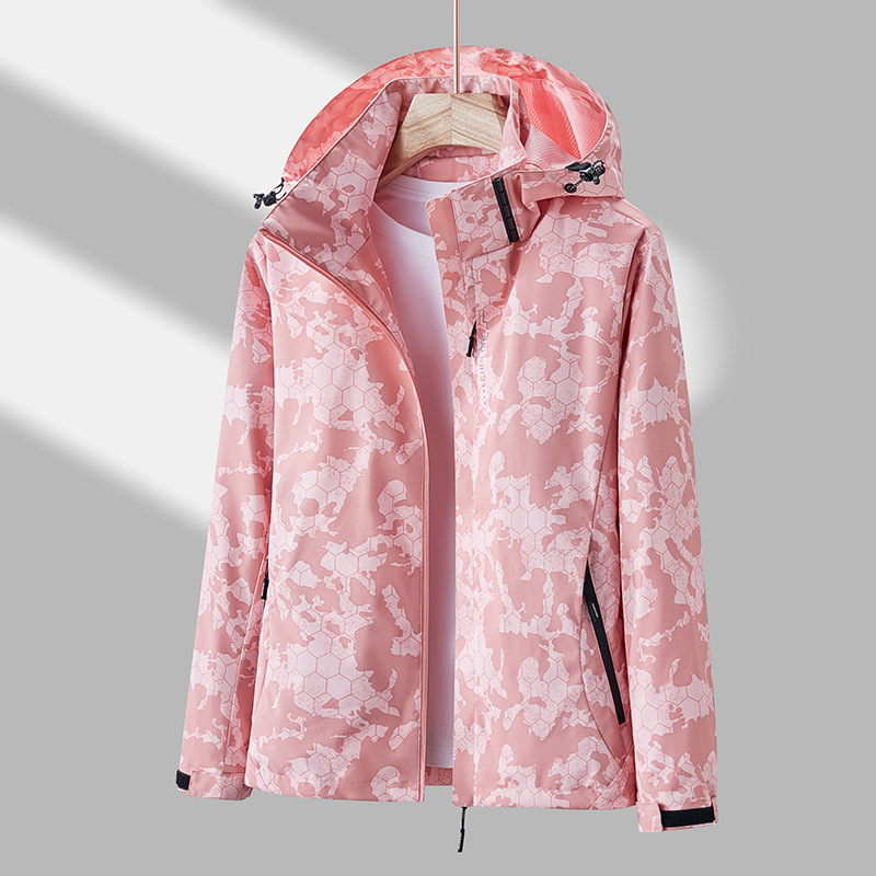 Unisex Hooded Hexagon Print Zip-Up Windbreaker Jacket