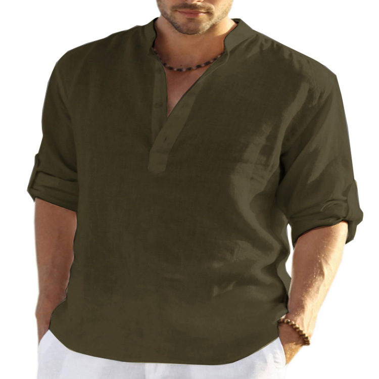 Men’s Stand Collar Roll-Sleeve Henley Shirt