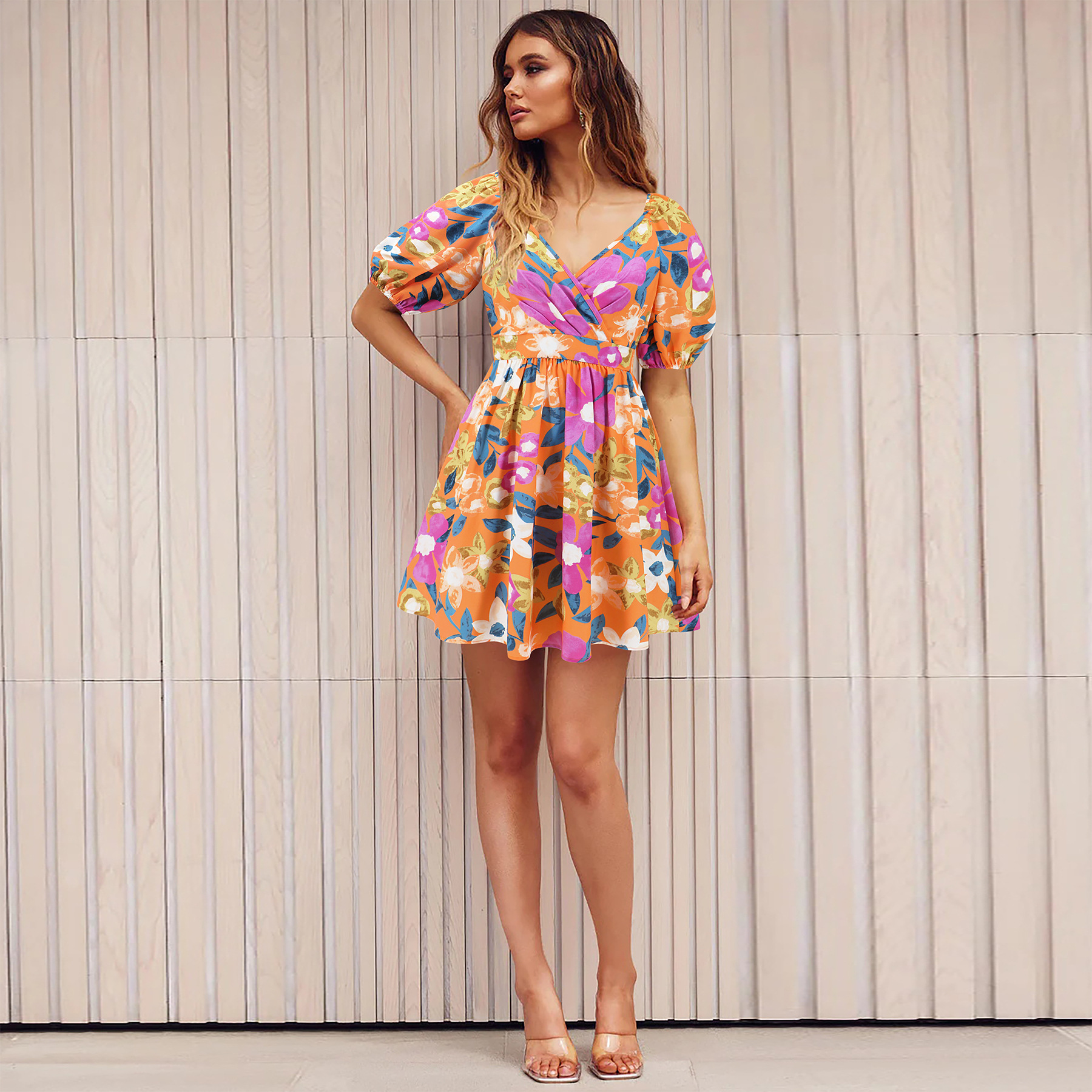 Women's Floral V-Neck Puff Sleeve Elastic Waist Mini Dress