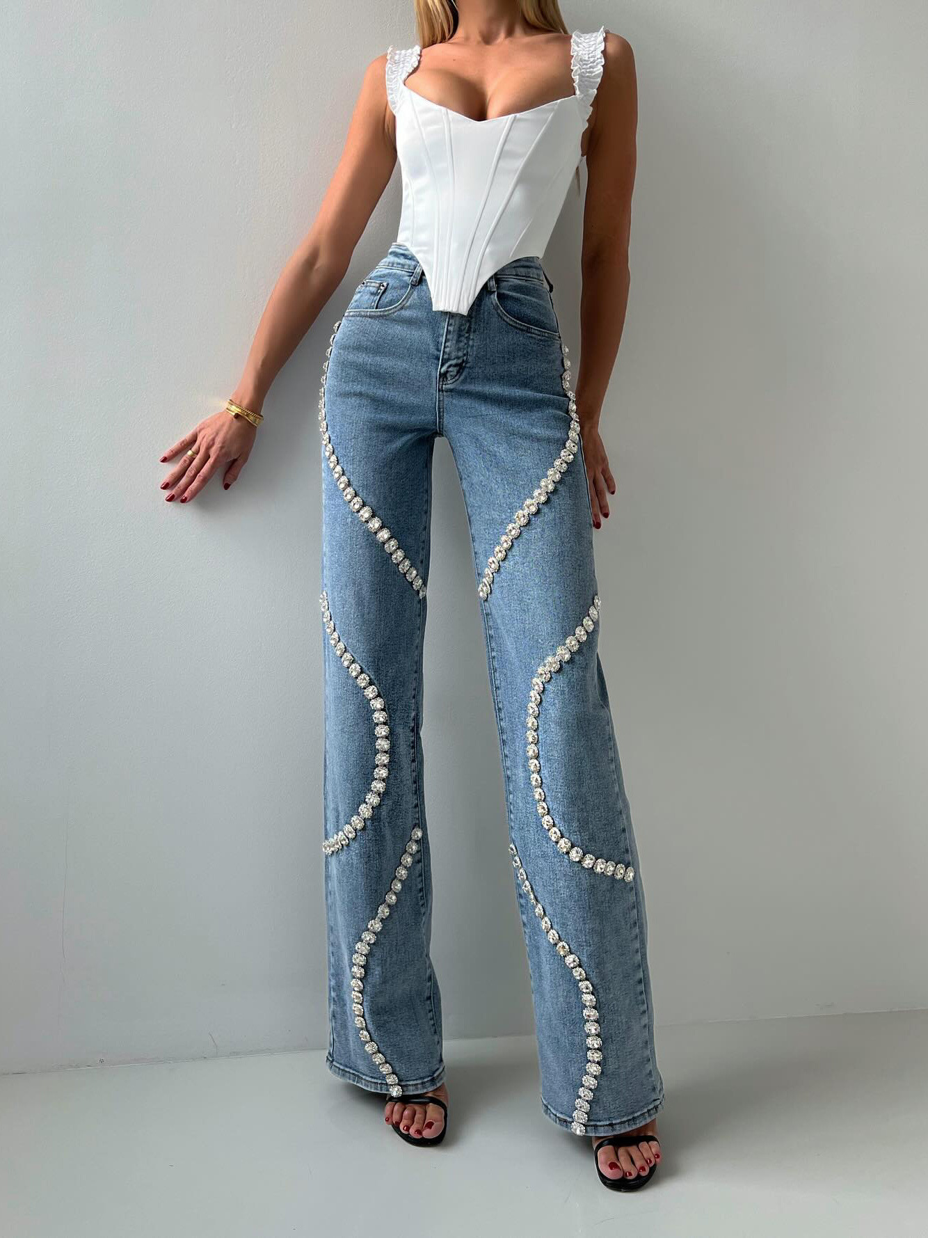 Women’s Blue Straight-Leg Jeans with Rhinestone Trim