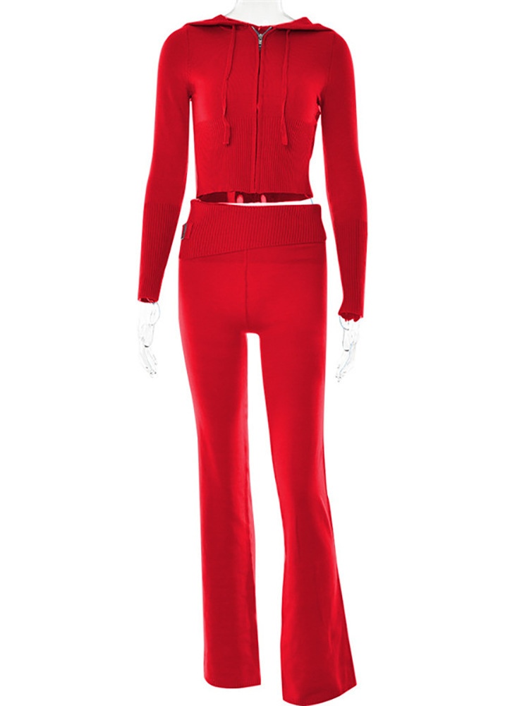 Women's Ribbed Cropped Zip Hoodie and Trousers Co-ord Set