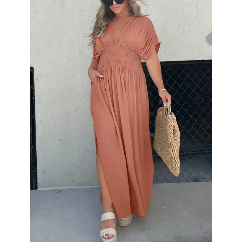 Women’s Shirred Waist V-Neck Side-Slit Maxi Dress