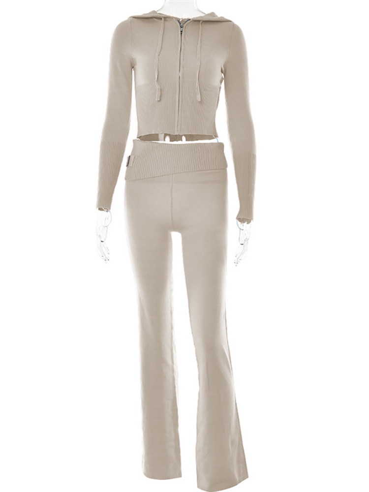 Women's Ribbed Cropped Zip Hoodie and Trousers Co-ord Set