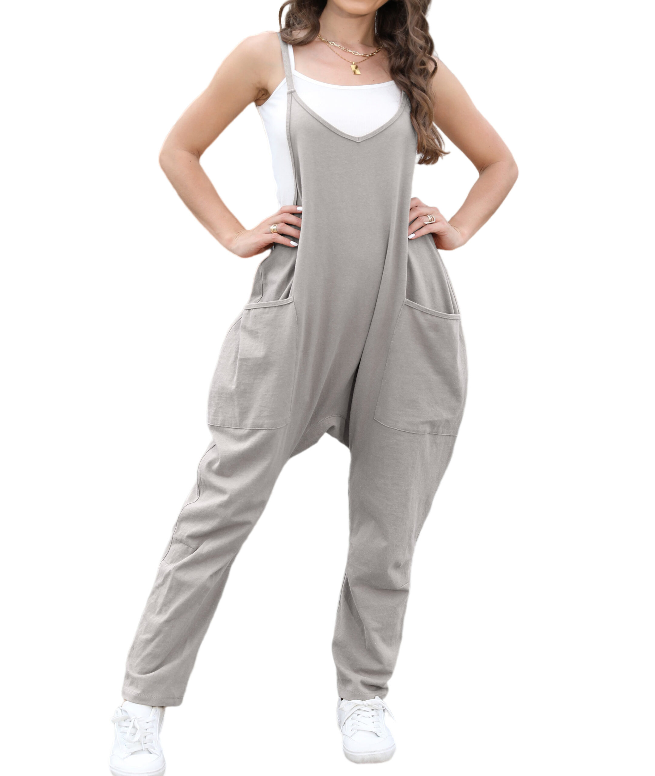 Women’s Sleeveless V-Neck Loose Jumpsuit With Patch Pockets