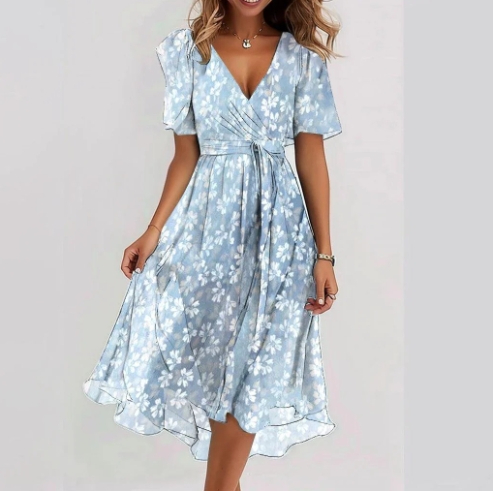 Women's V-Neck Wrap Front Short Sleeve Midi Dress