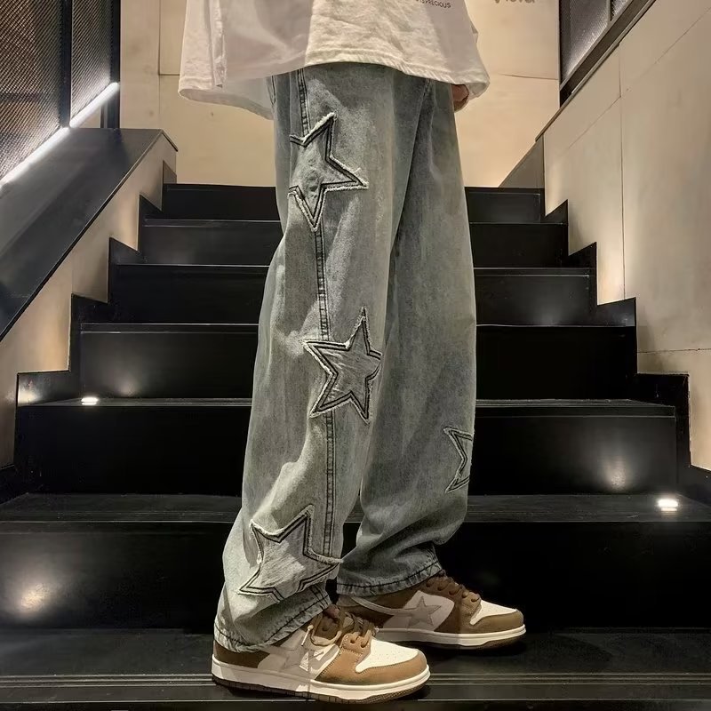 Star Embroidery Straight Casual Men Jeans Gothic Neutral New Wide Leg Loose Hip-hop Fashio
